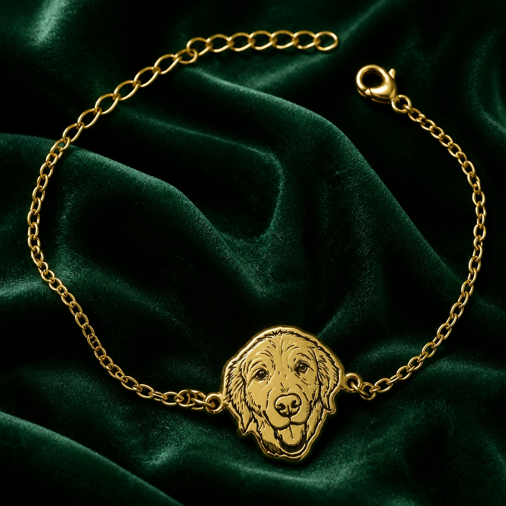 Pet Portrait Bracelet engraved with a golden retriever's face on a green velvet backdrop