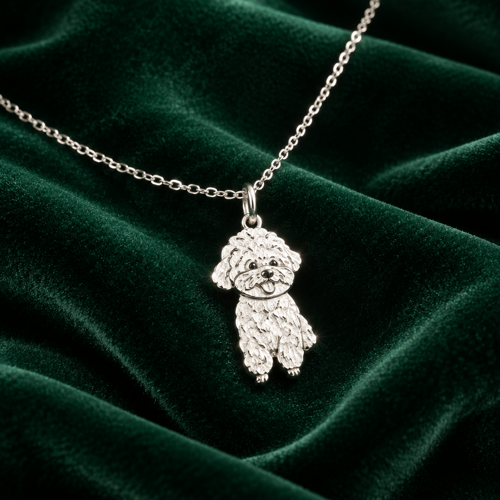 Custom silver pet portrait necklace on deep green velvet