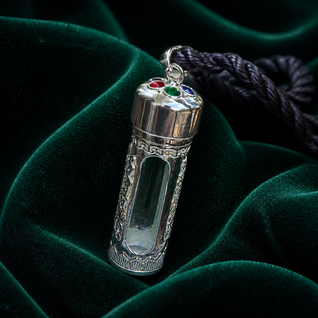 Sterling silver keepsake vial with ruby, emerald, and sapphire crown on green velvet