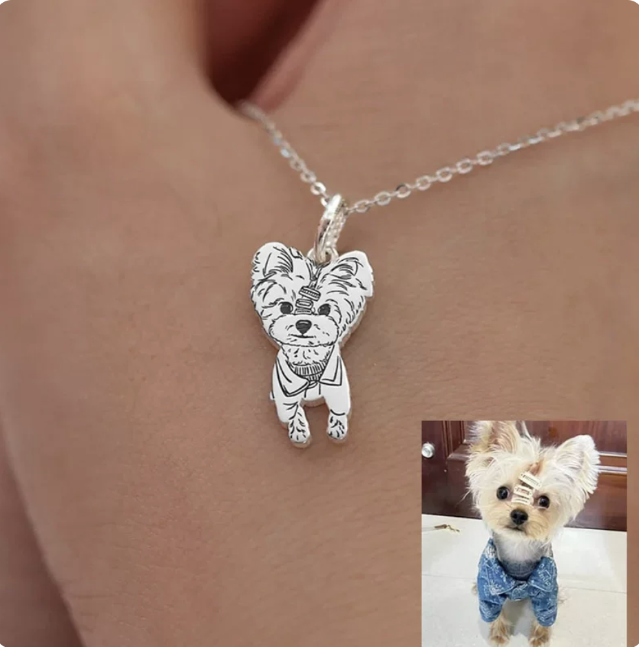 Silver pet portrait necklace with a hand-drawn Yorkie pendant, beside the photo it was made from