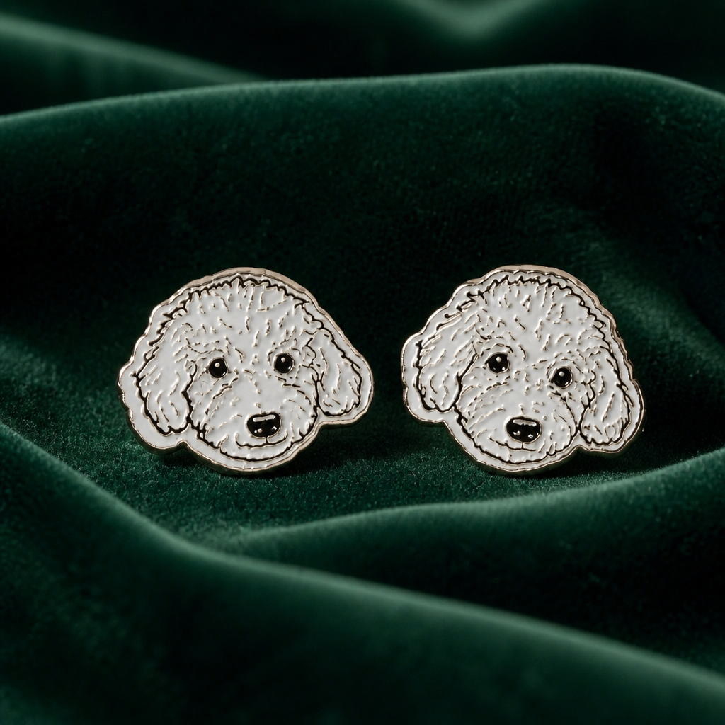 Sterling silver poodle silhouette stud earrings on emerald velvet