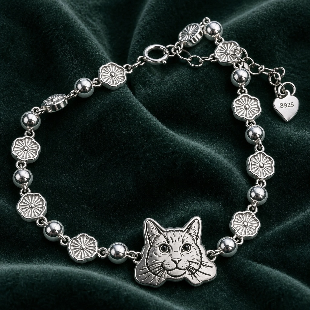 Petals of Love Bracelet in 925 sterling silver with a sculpted pet portrait charm