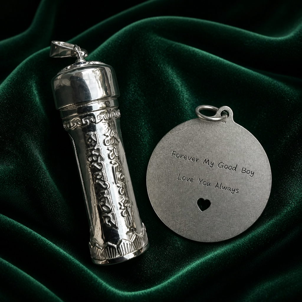 Engraved sterling silver keepsake vial and heart-cutout pendant with 'Forever My Good Boy · Love You Always'