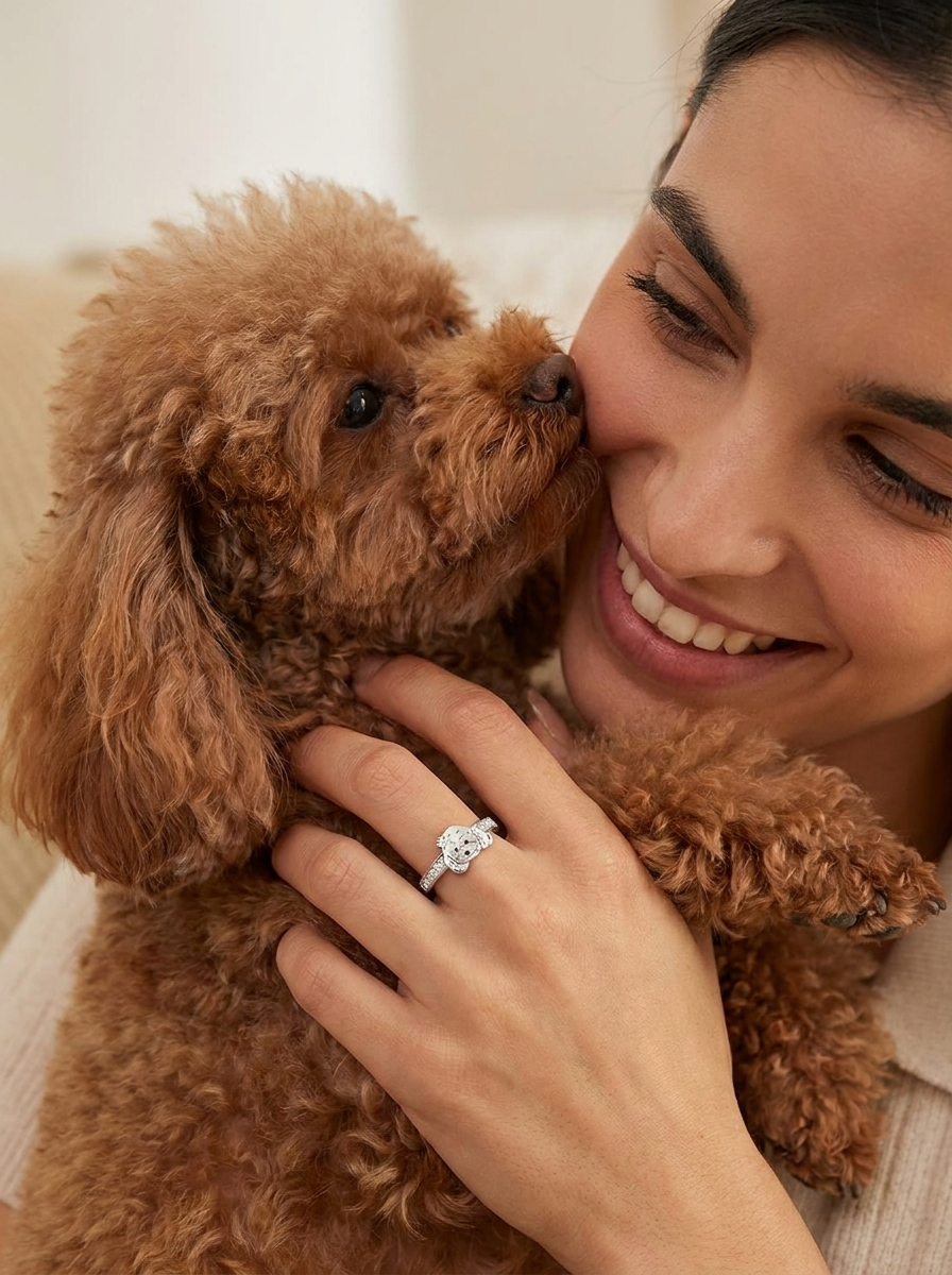 Octet Radiance Ring worn while holding a toy poodle