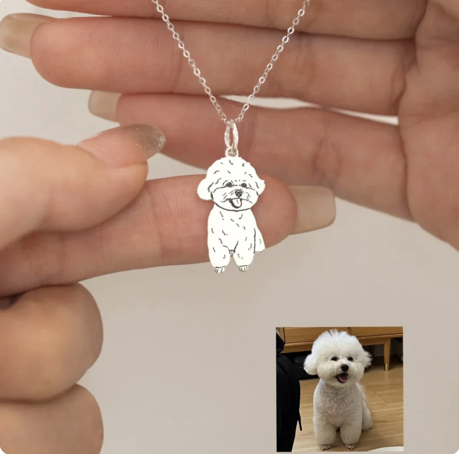 Silver pet portrait necklace with a hand-drawn Bichon pendant, beside the photo it was made from