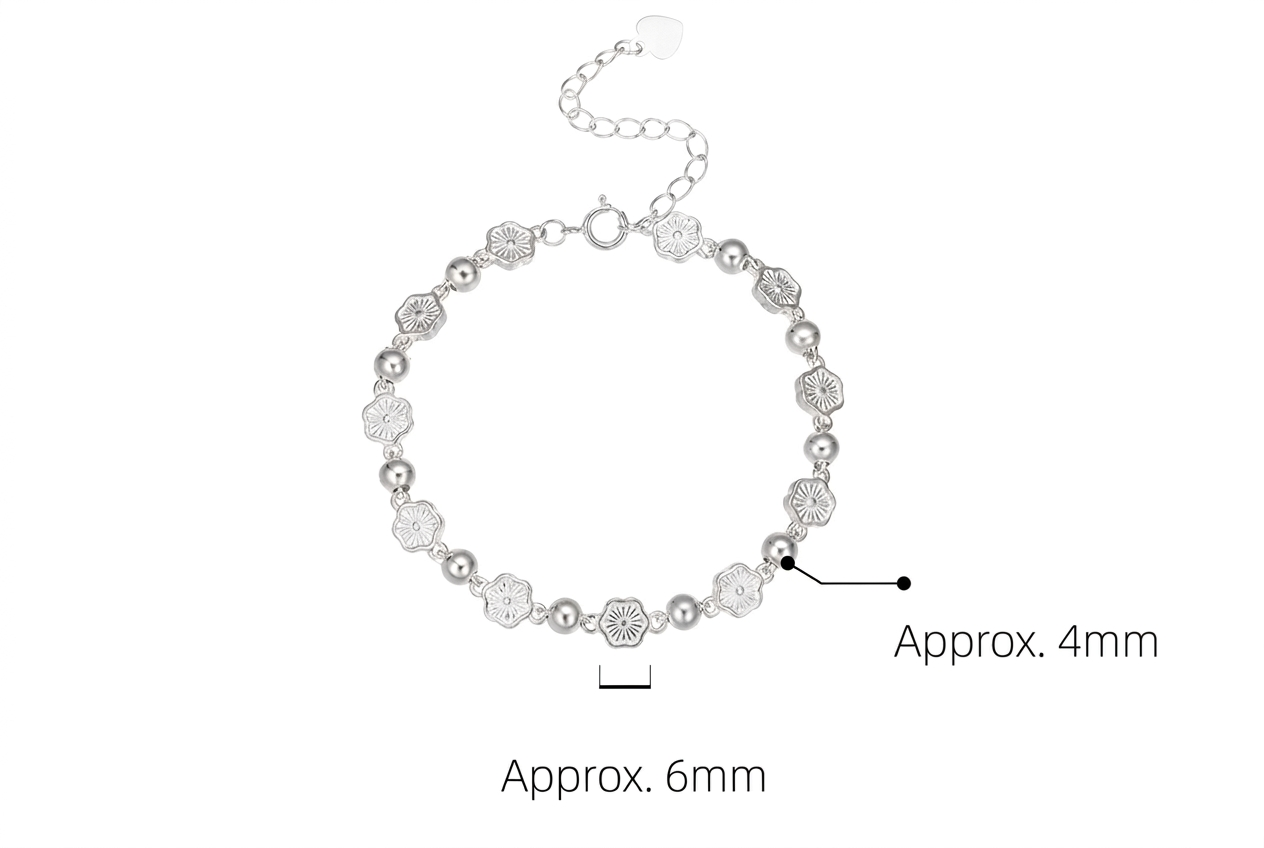 Petals of Love bracelet with measurement annotations — about 6mm petal motif and about 4mm polished bead